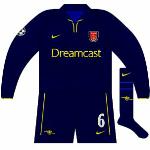 2000-01:
For the trip to Moscow in the second group phase, Arsenal wore the shirt, in long-sleeved format, with the away's normal shorts and socks in a 4-1 defeat.
