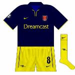 2001-02:
The third and final outing for the shirt was on September 11, 2001, away to Mallorca. The Spanish side were red-navy-navy and rather than pair the new gold shirt with white shorts and socks, the third was used with never-before-seen yellow shorts,