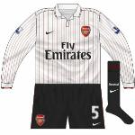 2009-10:
Arsenal's third kit that season was in the same style as the away, but white with redcurrant pinstripes and charcoal shorts. The socks were normally white but a charcoal change set were used at Villa Park.