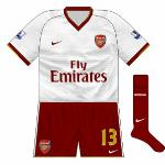 2007-08:
For the first time in over 30 years, Arsenal donned white shirts, normally paired with redcurrant shorts and hooped socks. Away to the white-socked West Ham in October, though, a plain redcurrant pair was used.