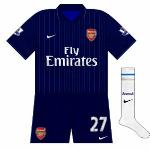 2009-10:
In the summer of 2009 Arsenal launched a smart new all-navy away kit, but an early-season trip to Old Trafford meant a change of socks. Despite light blue being the secondary colour on the shirt, white was the choice.